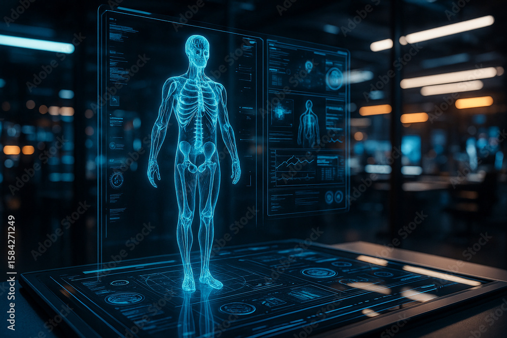 Aufkleber ai generated holographic male skeleton floating above a sci-fi control panel in a futuristic medical