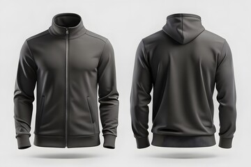 Modern dark gray full zip track jacket and hoodie mockup displayed on a white background