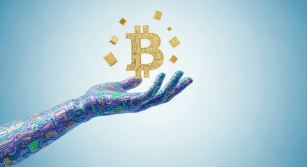 Photo of a robotic hand holding a bitcoin symbol represents the future of digital currency and blockchain technology
