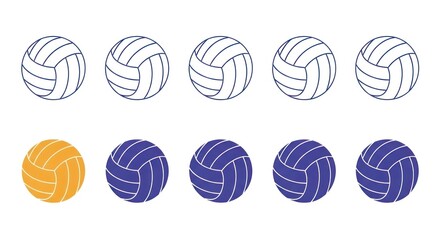 Photo of a graphic illustration of volleyballs in various colors and outlines, isolated on white background, representing the sport and teamwork