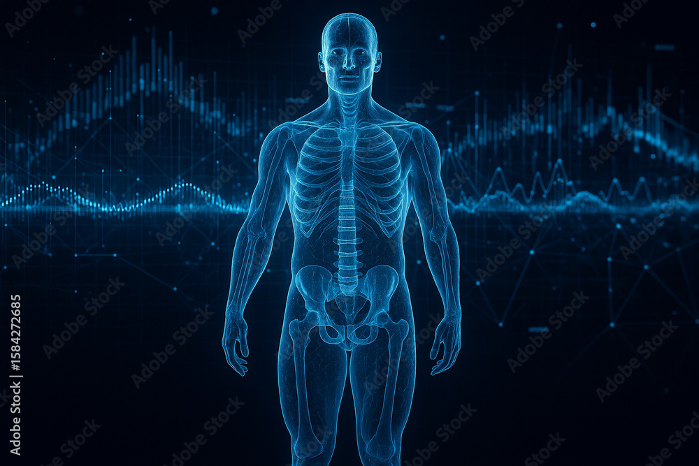 Poster ai generated digital hologram of a transparent male body displaying internal bones and organs with b