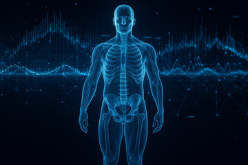 AI generated digital hologram of a transparent male body displaying internal bones and organs with biometric graphs and neural data in a sci fi medical interface