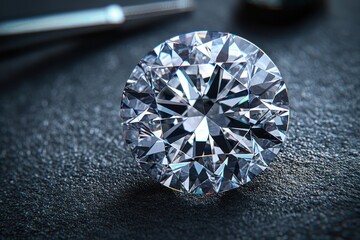 Close-up of a flawless round brilliant cut diamond on dark stone