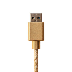 Close up of a gold usb connector and braided cable isolated on white background