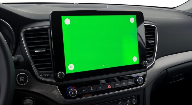Modern Car Dashboard with Green Screen Infotainment Display. Blank Chroma Key Monitor for GPS Navigation or Media Mockup.