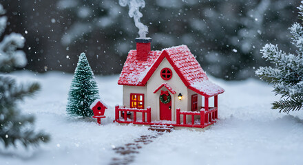 Fototapeta premium Snowy Miniature Christmas House with Fir Trees