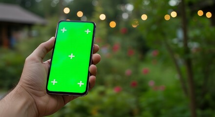 Hand holding smartphone with green screen and tracking markers outdoors. Mobile phone display mockup for app or content.