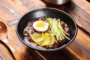 Korean Black Bean Noodles (Jjajangmyeon) – Thick Wheat Noodles Topped with Rich Savory Black Soybean Paste Sauce, Stir-Fried with Pork and Vegetables, A Popular Korean-Chinese Fusion Dish
