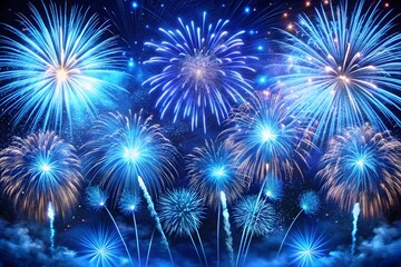 Spectacular blue and white fireworks illuminate the night sky in a dazzling display of light and color