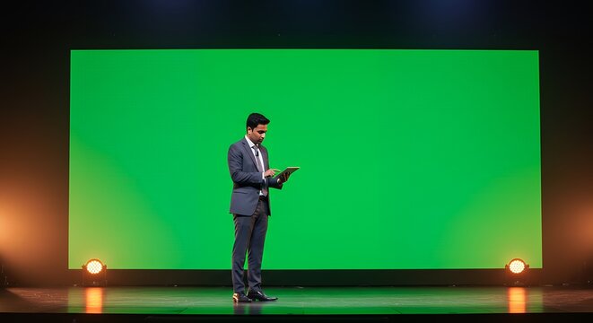 Professional Man on Stage with Large Green Screen and Tablet, Ready for Virtual Presentation or Production