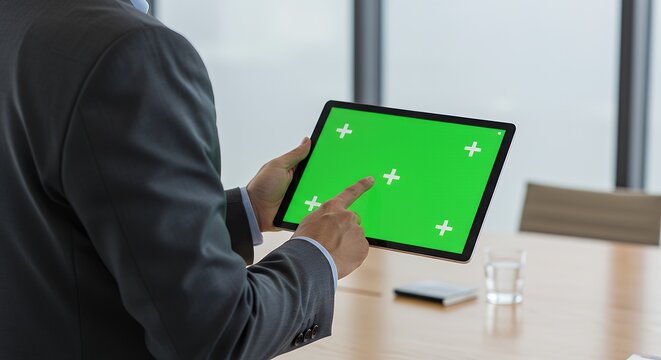 Professional man using a green screen tablet, ideal for digital content overlay in a modern office setting
