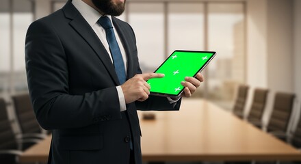 Professional in suit presenting on green screen tablet in modern corporate meeting room, ready for custom content display