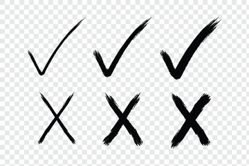 Check tick mark icon set. check mark, tick mark, and cross brush sign red checkmark and red X icons, buttons for vote, election choice decision, web in  brush marker style. eps 10 © Hike Studio 444