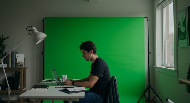 Man working on laptop in home studio with green screen, focused on remote work or content creation