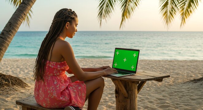 Young Woman Working Remotely on Green Screen Laptop at Tropical Beach Sunset