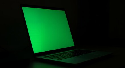 Modern Laptop with Glowing Green Chroma Key Screen in Dark Setting