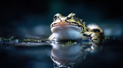 Close-up of a frog resting on a dark pond surface.