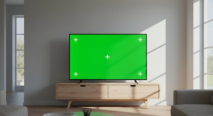 Green screen TV in a bright, modern living room. Blank display on a wooden media console, ideal for mock-up and digital content insertion.
