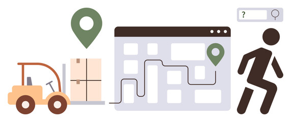 Forklift transporting cargo, map with location pins and route line, search box, silhouette of person. Ideal for logistics, delivery, supply chain, shipping, tracking efficiency business workflow