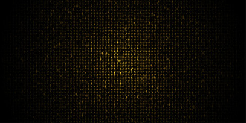 Abstract gold, circle dot, grid pixel pattern background. Vector illustration element with simple square, geometric mosaic, texture on black color. Graphic design for banner, wallpaper background