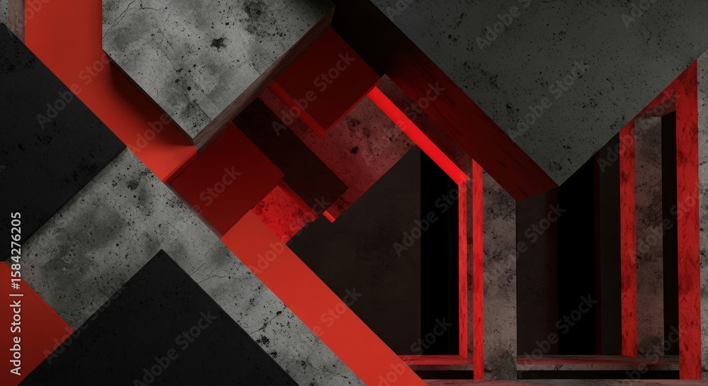 Aufkleber abstract geometric composition of intersecting red and grey concrete blocks, creating a dynamic, thr