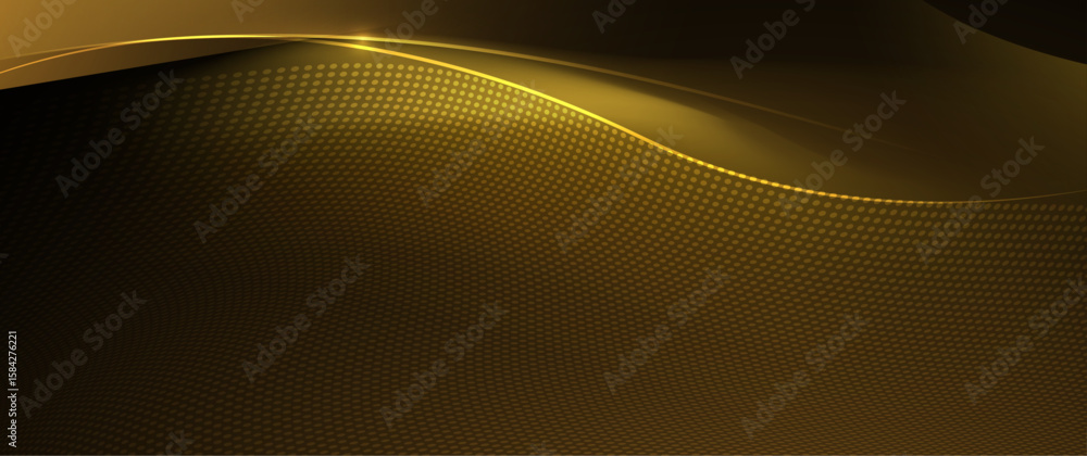 Poster illustration vector element with abstract wave line, motion pattern and particle dot on dark gold ba