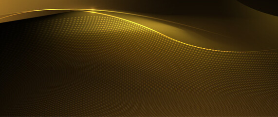 Illustration vector element with abstract wave line, motion pattern and particle dot on dark gold background. Modern futuristic design for background. Digital datum, high tech, technology concept