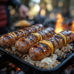 Meat and sausages sizzling on a grill.