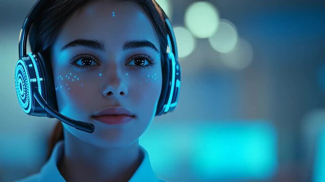 4K video of a female call center agent on a head set talking to a cilent in a modern call center