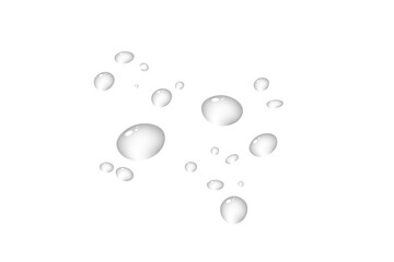 Multiple gray water droplets of varying sizes are scattered on a white background. They appear transparent and round, creating a liquid texture.