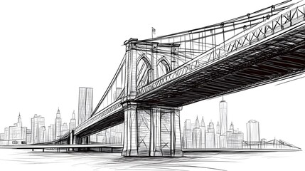 Fototapeta premium Hand-drawn sketch of a suspension bridge over a cityscape.