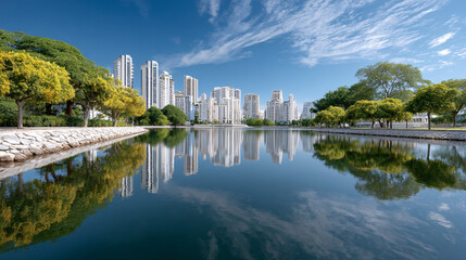Fototapeta premium Cityscape Reflection in Water Serene Urban Landscape with Modern Buildings and Lush Trees
