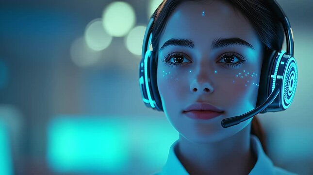 4K video of a female call center agent on a head set talking to a cilent in a modern call center