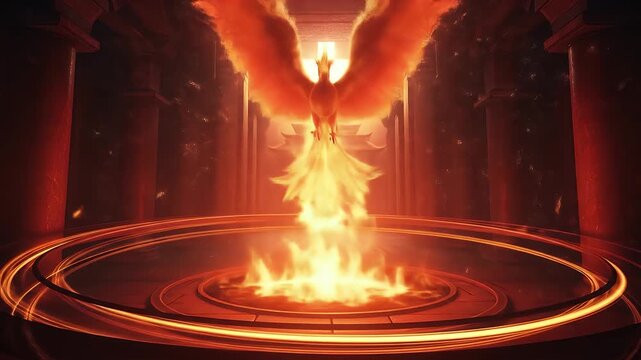 Phoenix of Resilience: A mystical phoenix rises from a fiery pyre, symbolizing rebirth and the indomitable spirit, bathed in an ethereal, celestial glow.