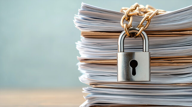 Secure Documents Padlock and Chain Guard Confidential Information Stacked on Paperwork
