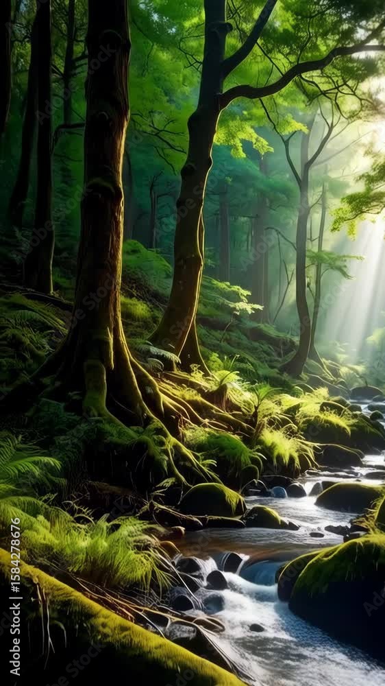Poster sunlight filters through a verdant forest canopy illuminating a mossy stream with rocks and lush gre
