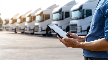 Fleet Management Logistics Manager Using Tablet Inspecting Trucks in a Transportation Hub