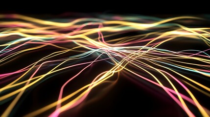 Abstract design of colorful, wavy lines on a dark background.