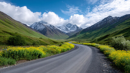 Fototapeta premium Scenic Road Trip Driving Through Alaska's Green Valley with Snow-Capped Mountain Views