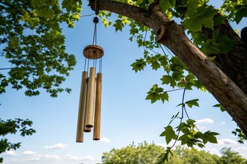 Bamboo wind chimes hanging from a tree branch under a clear blue sky with fluffy clouds
