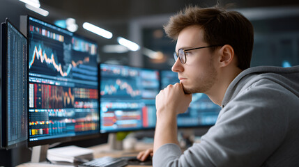 Focused Man Analyzing Financial Data on Multiple Computer Screens for Investment Strategy