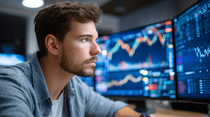 Fototapeta premium Young professional analyzing stock market trends on multiple monitors in modern office setting