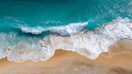 Aerial View of Turquoise Ocean Waves Crashing on Sandy Beach A Coastal Paradise