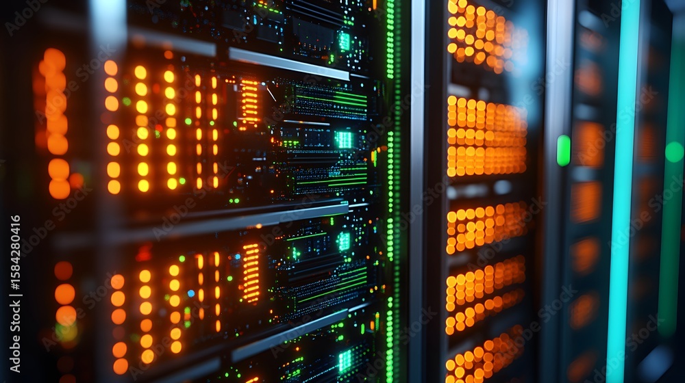 Aufkleber close-up view of illuminated server racks.