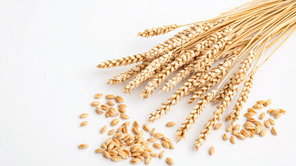 Golden Wheat Stalks A Natural Harvest Bounty with Seeds Displayed on a White Surface 