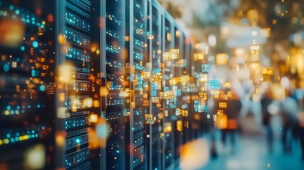 Network server racks in a data center.