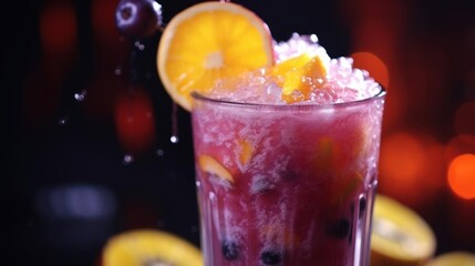 Refreshing berry cocktail with orange slice and ice.