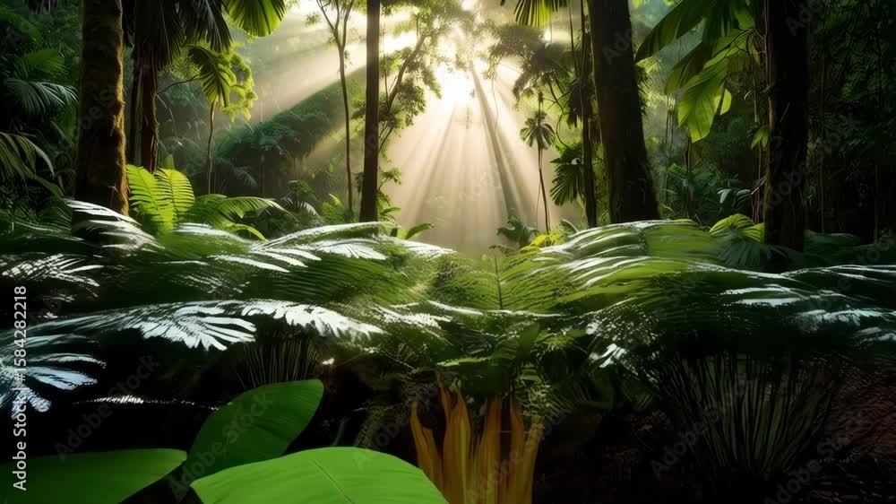 Poster sunlight filters through lush green tropical rainforest trees and dense undergrowth, casting rays an