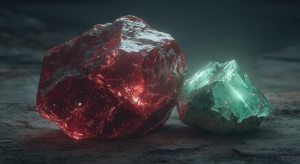 Red and green gems on dark surface