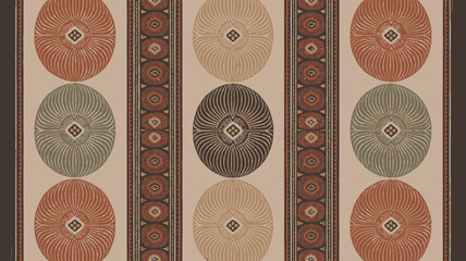 Geometric floral wallpaper presents circles in orange, green, gold, and purple, a retro pattern design, offering a vintage textile.